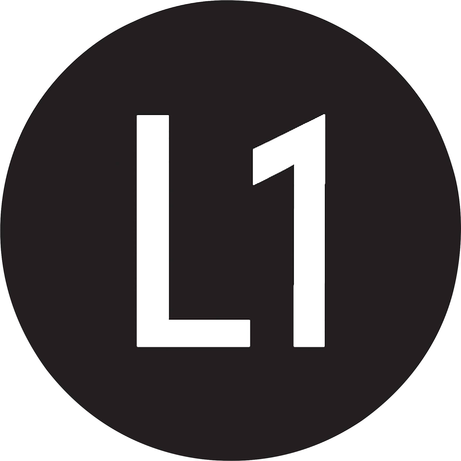 'Logo with L1 inscription in white on a black circle.'