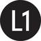 'Logo with L1 inscription in white on a black circle.'