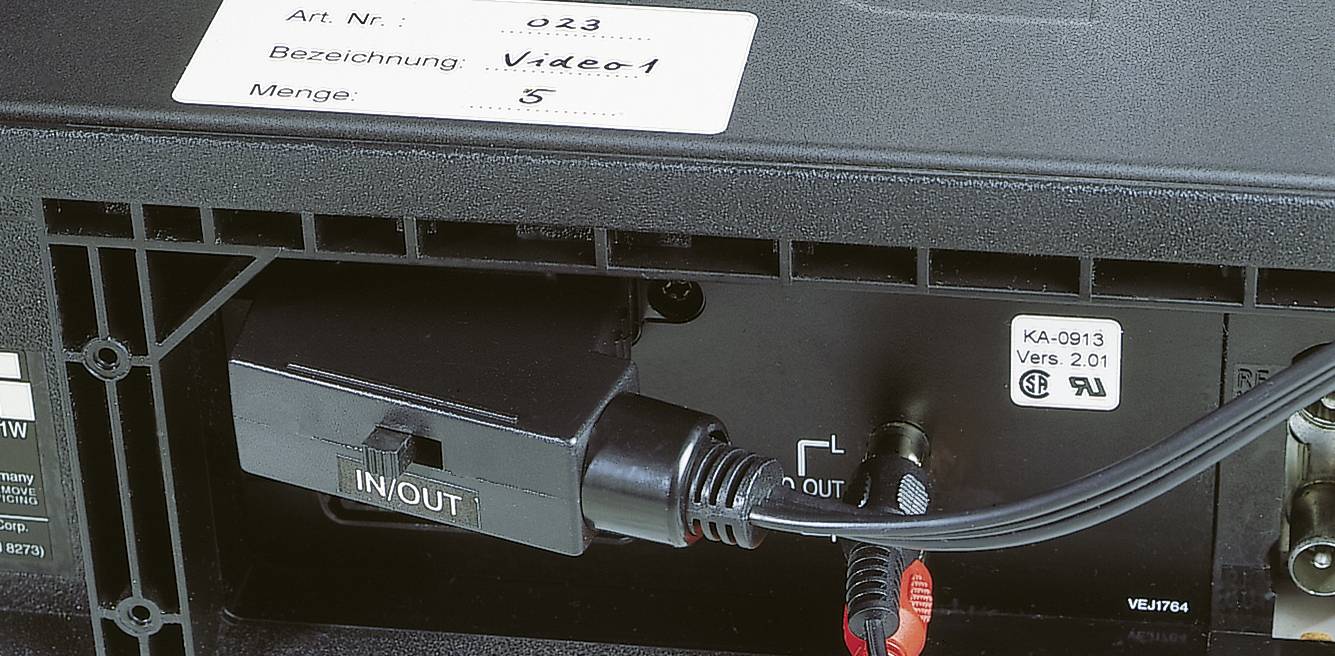 Rear view of an electronic device with multiple ports, including an 'IN/OUT' socket. Label shows 'Video Description'.