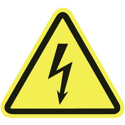 Yellow warning sign with a black lightning arrow symbol, which warns of electrical voltage or high voltage.