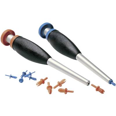 Two ergonomic handles with metal tips, each with colour-matched wall plugs and nails. Primarily suitable for DIY.