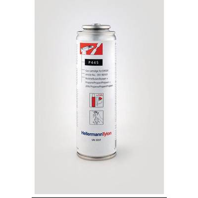 Gas cartridge marked 'P445'. Contains butane and propene, suitable for E4500. Brand: HellermannTyton, UN 2037.
