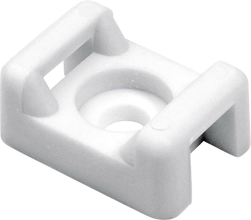 A white plastic cable clip with a rectangular shape and a central opening.