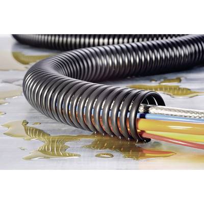 A black, flexible cable protection sleeve lies on a surface, surrounded by liquid. Multi-coloured cables protrude from it.
