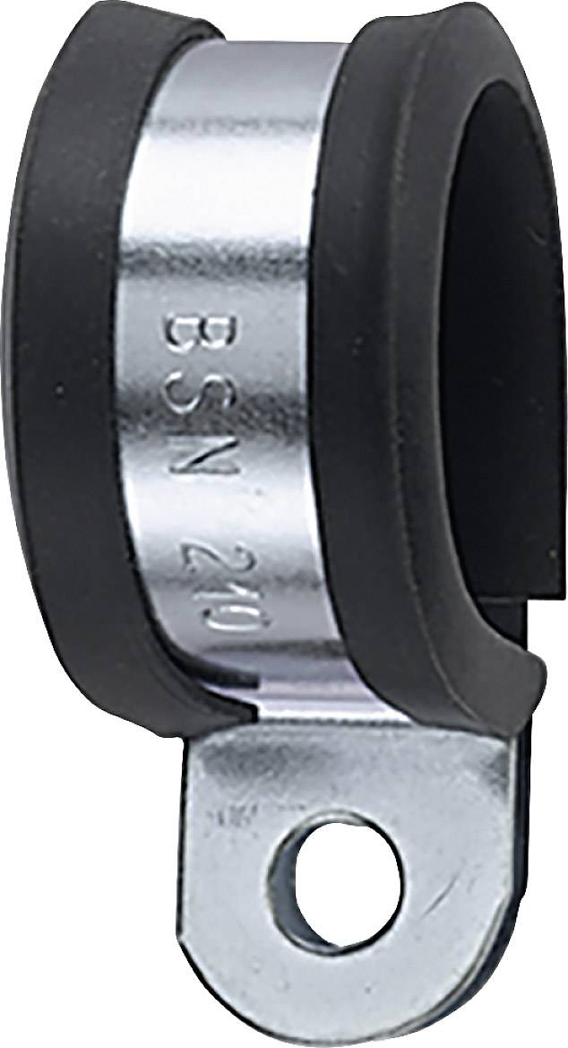 'Metal clip with rubber lining for cable fixation, silver and black, provides secure grip and protection against damage.'