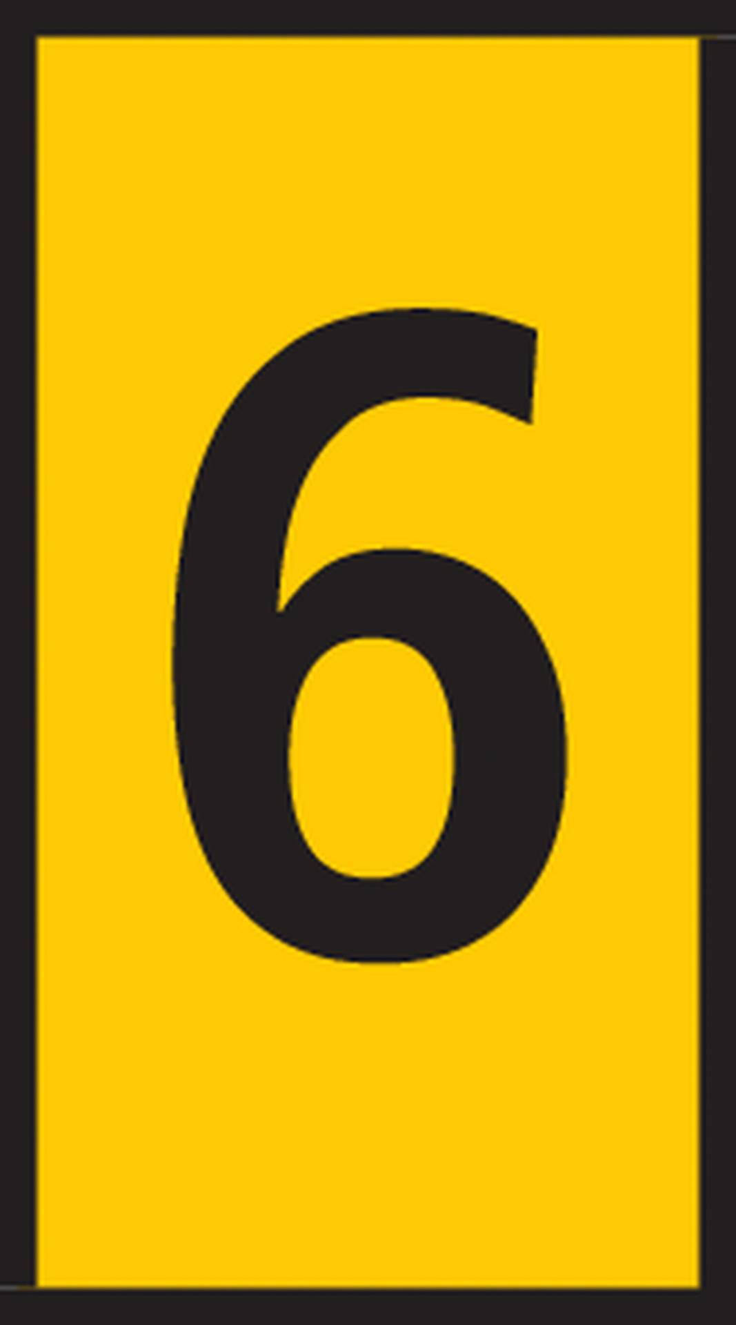 Yellow sign with a large black numeral '6' in the centre.