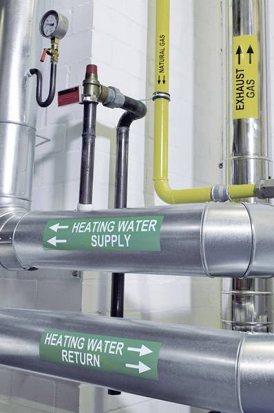 Pipes in a building with labels 'Heating Water Supply' and 'Heating Water Return'. A pressure gauge at the top, with a yellow gas pipeline.