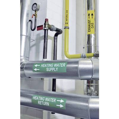 Pipes in a building with labels 'Heating Water Supply' and 'Heating Water Return'. A pressure gauge at the top, with a yellow gas pipeline.