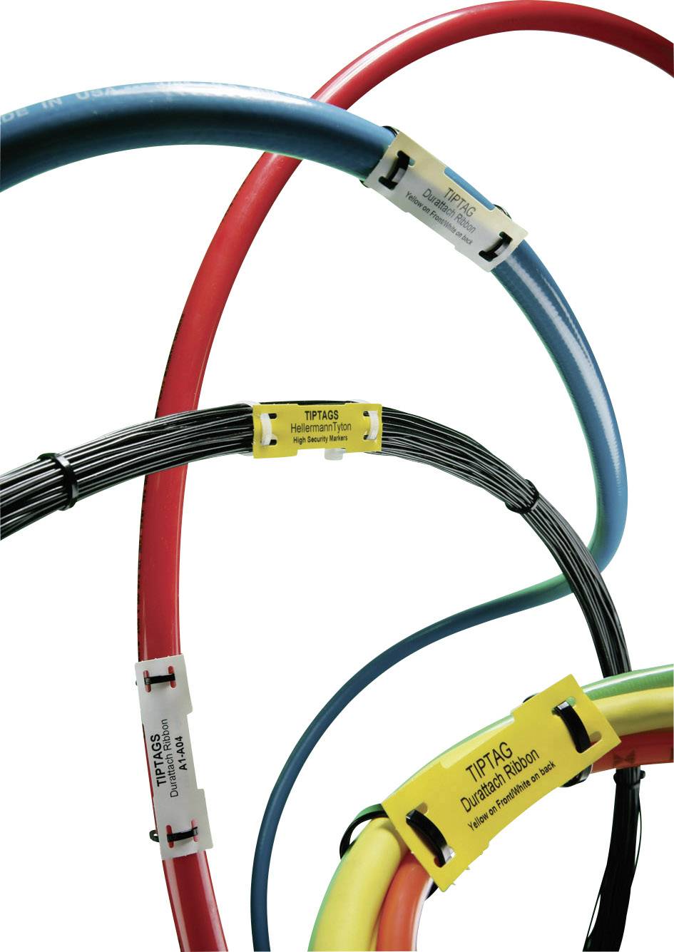 Colour-sheathed cables secured with cable ties, bearing labels such as 'Dura-mark robust'. Different colours could indicate specific functions.