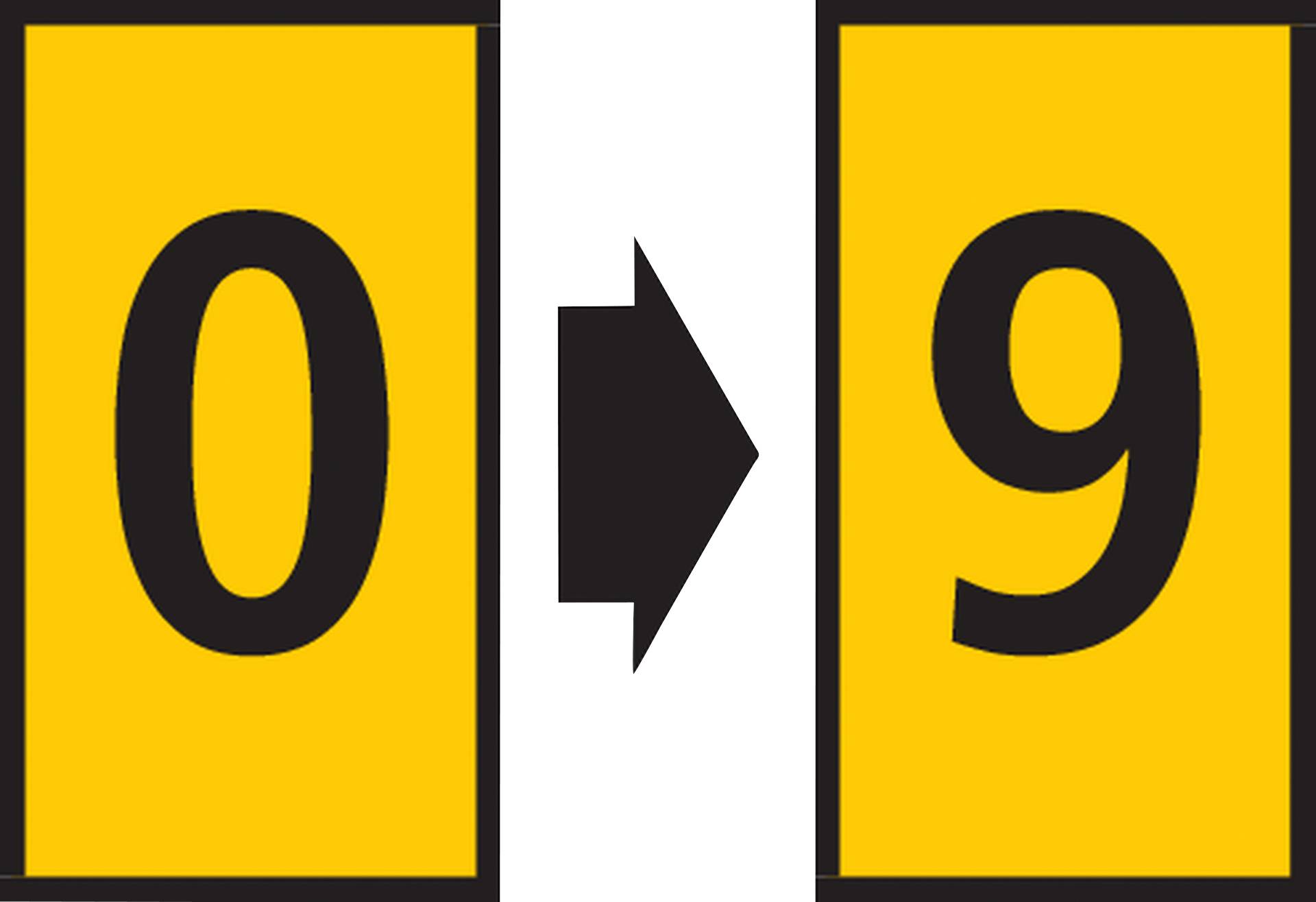 Black number '0' on a yellow background, with an arrow pointing right to the number '9'.