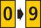 Black number '0' on a yellow background, with an arrow pointing right to the number '9'.