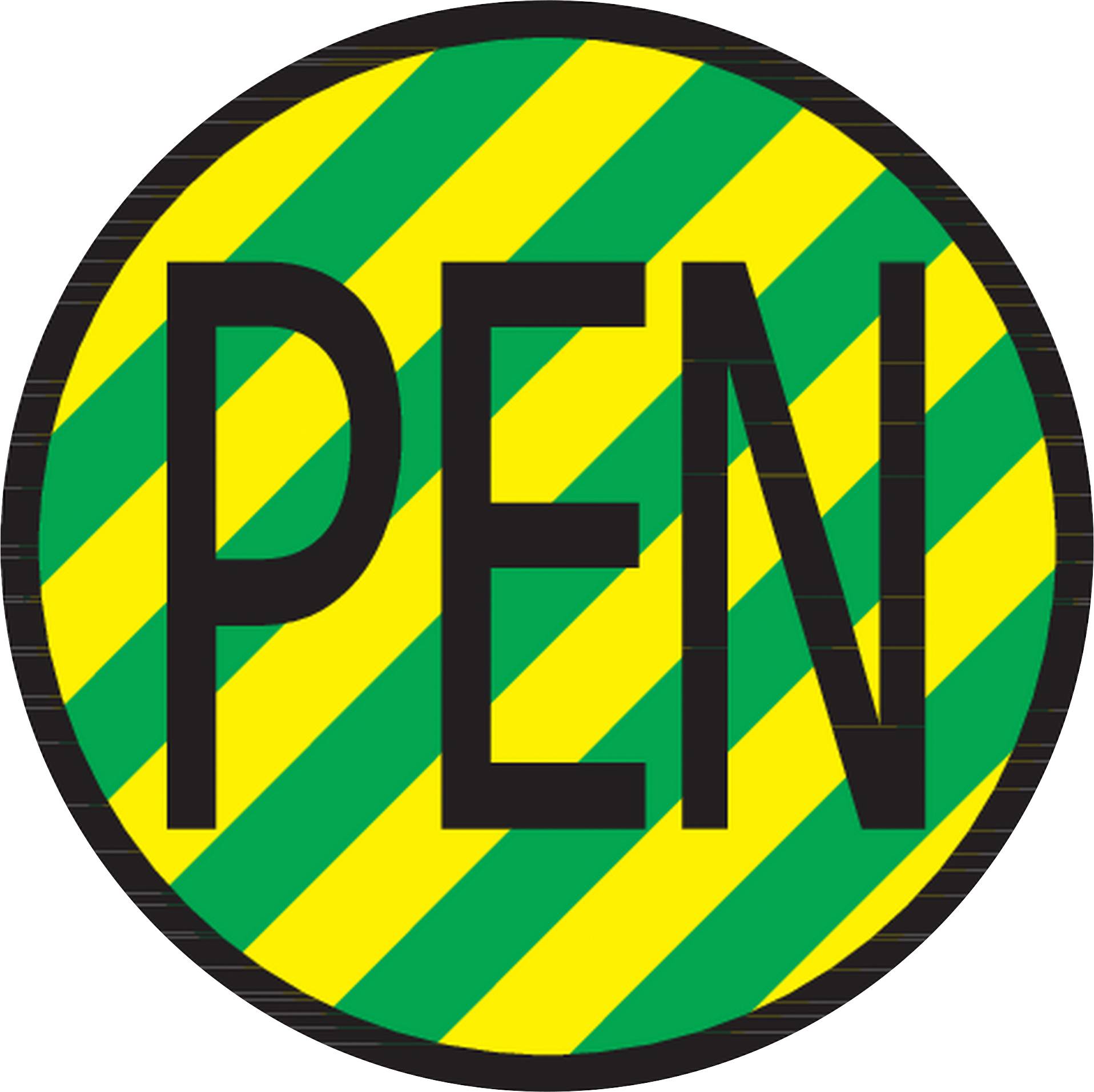 'PEN' in large black letters in front of a background with green and yellow diagonal stripes.