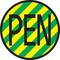 'PEN' in large black letters in front of a background with green and yellow diagonal stripes.