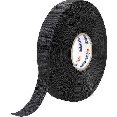 A black roll of electrical tape, slightly unrolled, with a light-coloured inner core, labelled with 'HellermannTyton' in blue and red.