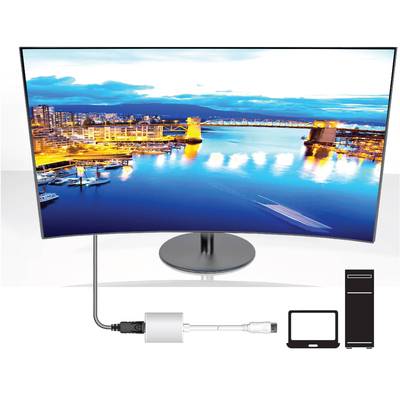 A curved monitor displays a night-time cityscape with an illuminated harbour. Below, symbols for a PC and laptop are shown with a connecting cable.
