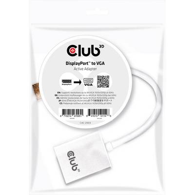 'DisplayPort to VGA adapter by Club 3D. Supports resolutions up to WUXGA 1920x1200 at 60Hz.'