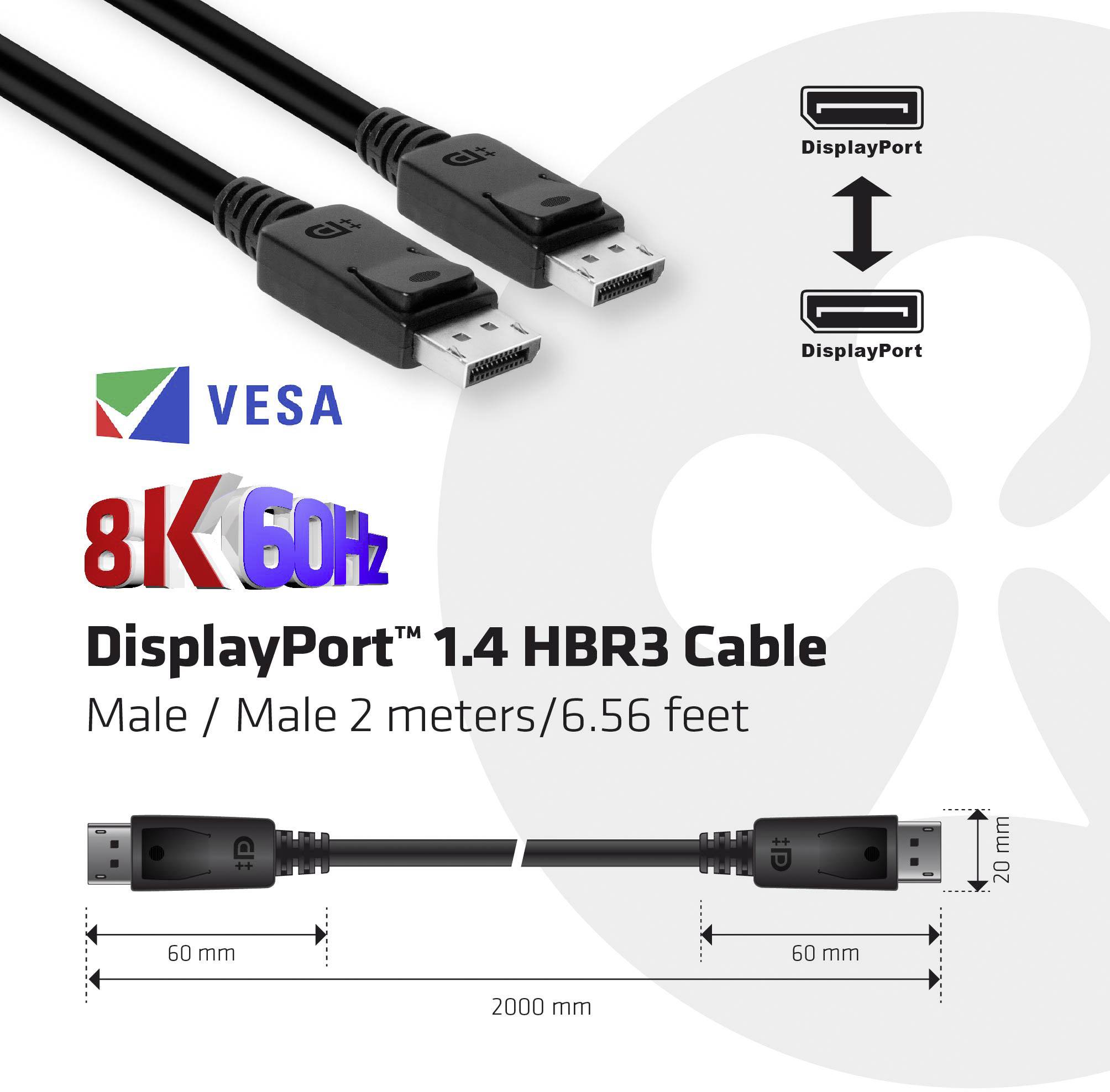 'DisplayPort 1.4 HBR3 Cable' with 2 metres in length, suitable for 8K at 60 Hz, showing two DisplayPort plugs and the VESA logo.