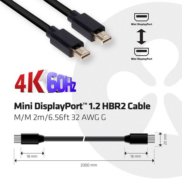 club3D Mini DisplayPort Cable Mini DisplayPort plug, Mini DisplayPort plug 2.00 m Black CAC-2161 Flame-retardant DisplayPort cable