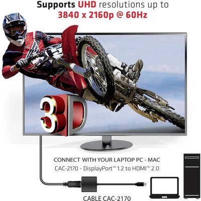 Image shows a motocross rider in action on a UHD screen. Text reads: 'Supports UHD resolutions up to 3840 x 2160p @ 60Hz'.