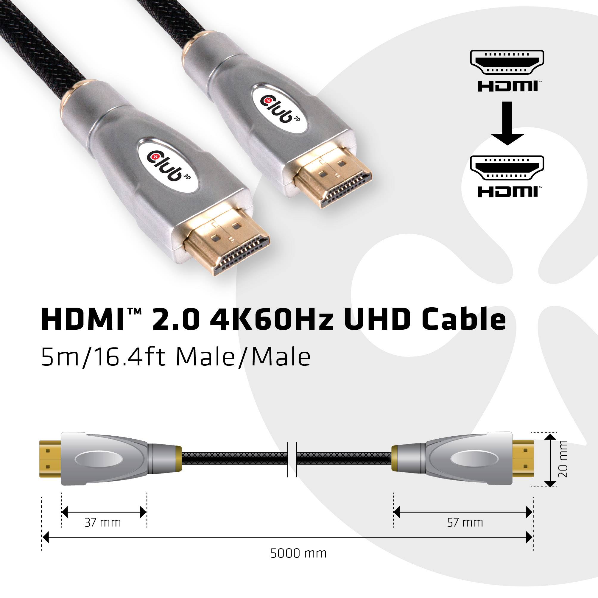 'HDMI 2.0 4K60Hz UHD Cable, 5m Length, Male/Male.' Image shows a black cable with gold connectors and logo on top.