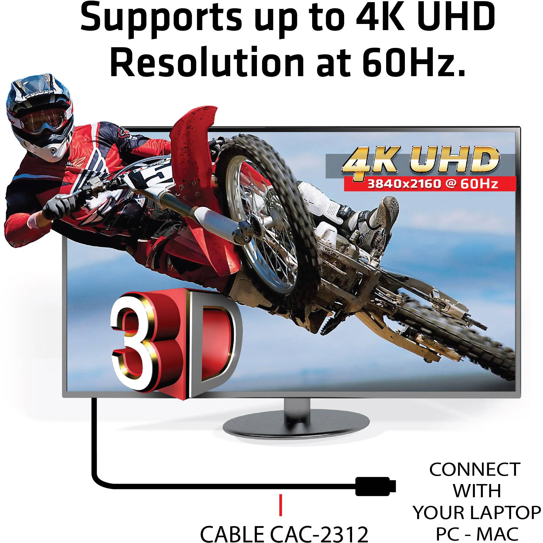 A monitor displays a 3D cyclist image and supports 4K UHD resolution at 60Hz, connected to a laptop via cable CAC-2312.