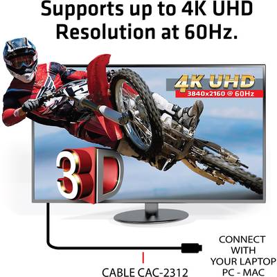 A monitor displays a 3D cyclist image and supports 4K UHD resolution at 60Hz, connected to a laptop via cable CAC-2312.