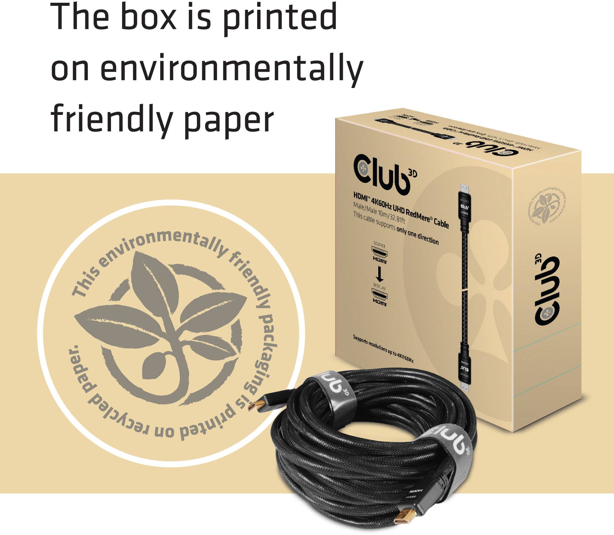 'Club 3D HDMI Cable' in an environmentally friendly packaging. The box is made from recyclable paper with an eco-friendly print.
