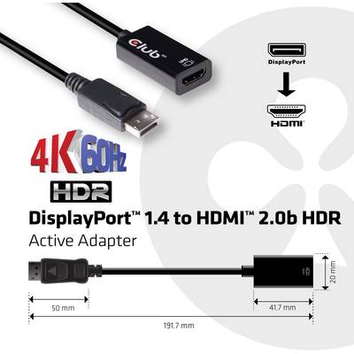 'DisplayPort 1.4 to HDMI 2.0b HDR Adapter, supports 4K 60Hz.' Adapter connections and dimensions clearly illustrated.