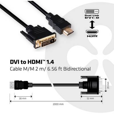 'DVI to HDMI 1.4' Cable M/M, 2 m, bidirectional. Left: DVI plug, right: HDMI plug, both technical drawings with dimensions.