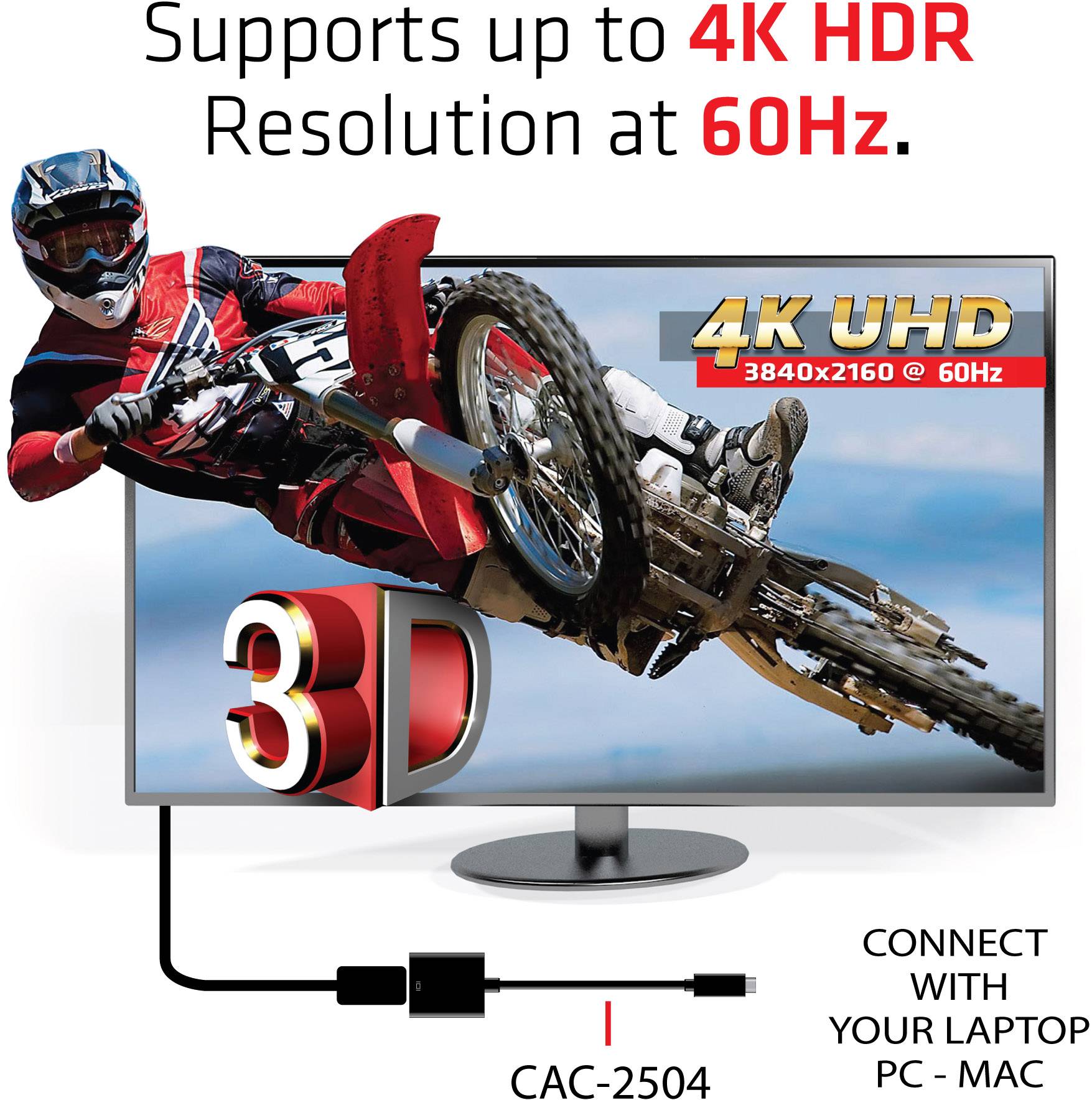A monitor displays a 3D motorcycle rider image. Text: 'Supports up to 4K HDR resolution at 60Hz.' Connection instructions below.