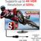 A monitor displays a 3D motorcycle rider image. Text: 'Supports up to 4K HDR resolution at 60Hz.' Connection instructions below.