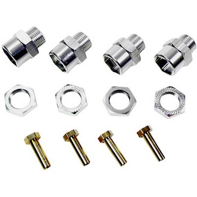 Four metal connectors, four hexagonal nuts and four broad-headed screws arranged in two rows. Technical accessories.