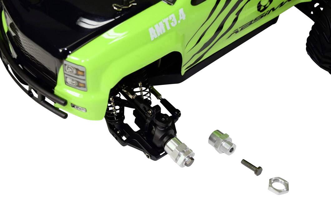 A green remote-controlled car with exposed springs and accessories such as screws and nuts on a white background.