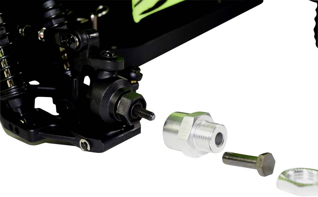 Pictured is part of a chassis with a metal adapter and screw, likely for a model vehicle.