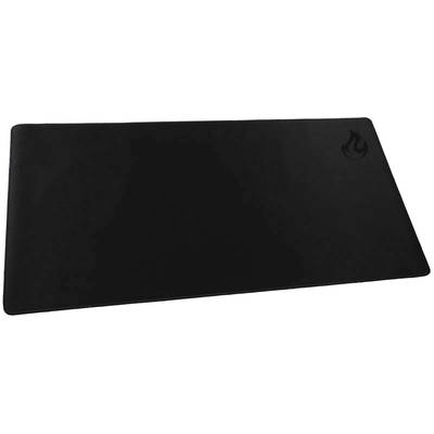 A large, rectangular, black mouse mat with a small flame symbol in the top right corner.