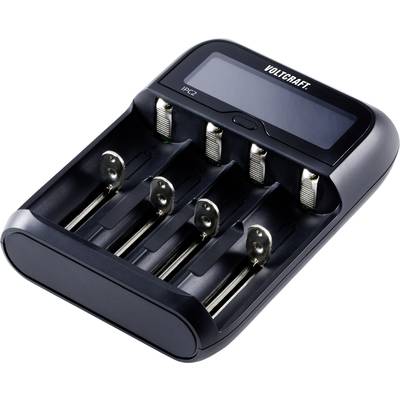 A black battery charger with four slots and a digital display. Brand name visible in the top right corner.