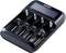 A black battery charger with four slots and a digital display. Brand name visible in the top right corner.