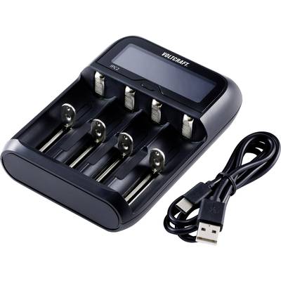 A black charger with four battery slots and a USB cable. The display shows information about the charging process.