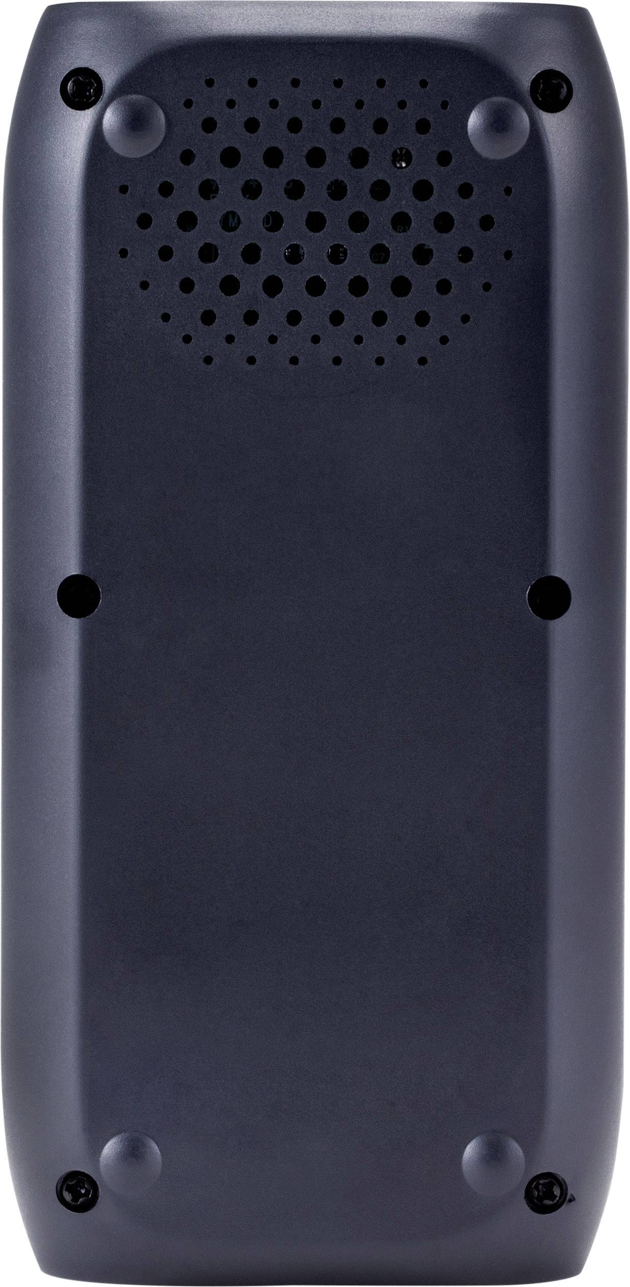 Back of a black device with speaker grille and screws.