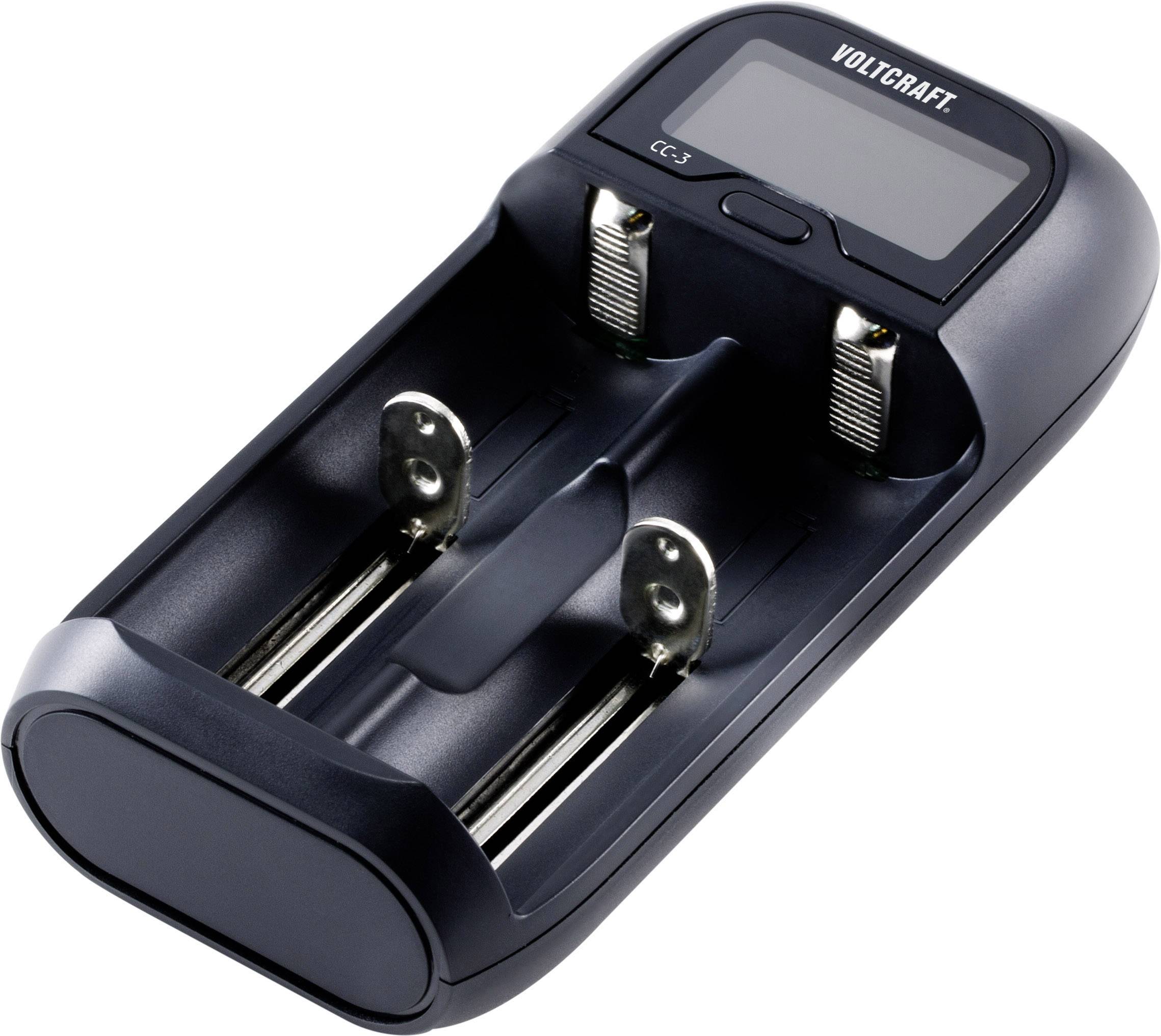 Battery charger with two slots for batteries and an LCD display to show charging data. Suitable for AA and AAA batteries.