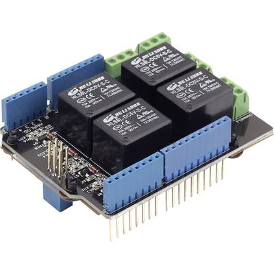 A four-channel relay board with blue and green terminals, suitable for controlling electrical devices via a microcontroller platform.