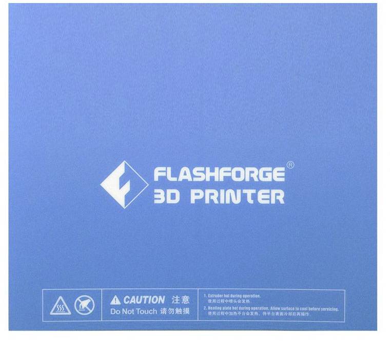 Blue printing bed of a Flashforge 3D printer platform with a warning notice 'CAUTION Do Not Touch' and symbols for safe operation.