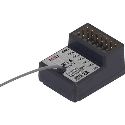 'SB-6' radio receiver with antenna and six channels. Black, rectangular housing with side slots for connections.