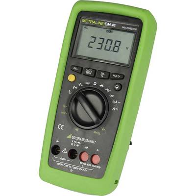 Green multimeter shows a voltage of 230.8 volts. The device has various measurement settings and is suitable for electricians.