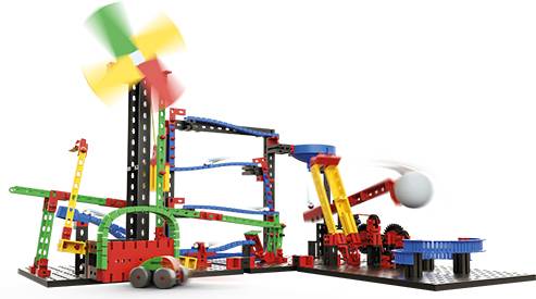 A colourful marble run construction set shows moving elements such as a windmill and a ball rolling through ramps and loops.