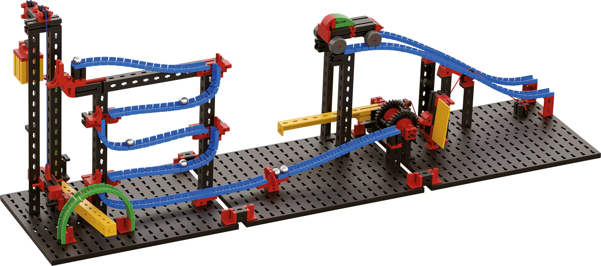 A model of a marble run made from building blocks, with blue tracks and a small cart travelling from left to right.