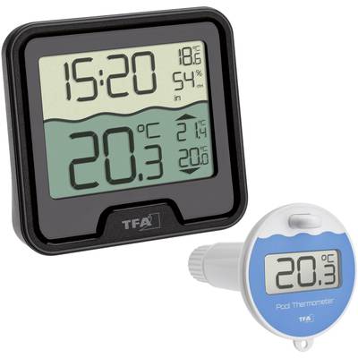 A digital thermometer displays the time as '15:20', indoor temperature of 18.6°C, humidity at 54%, and pool temperature of 20.3°C.