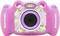 Pink children's camera with 2.0 megapixels and 4x digital zoom. Playful design with floral patterns.