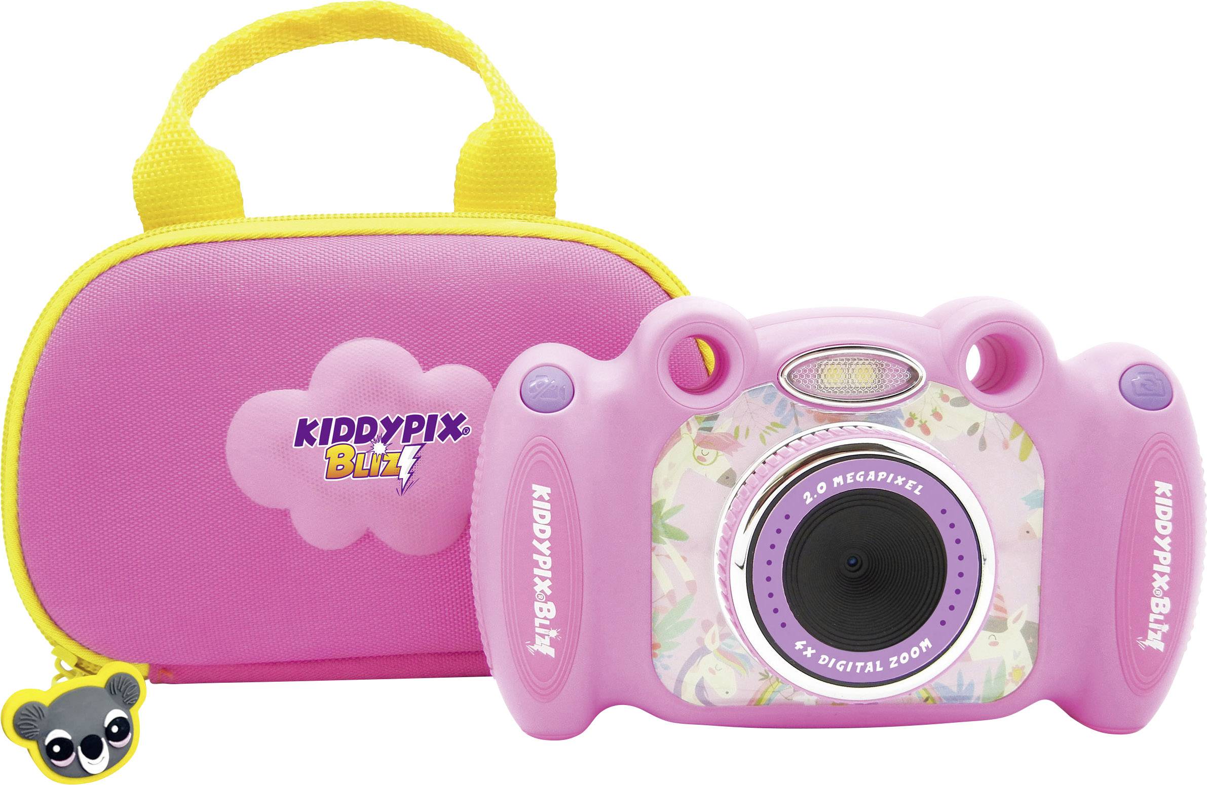 A pink children's camera with a yellow handle and matching carry case. The camera has a large lens and is designed to be child-friendly.