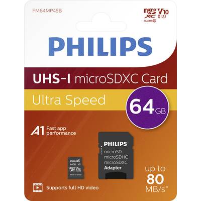 'Philips 64GB UHS-I microSDXC Card, Ultra Speed, A1, supports full HD video, up to 80 MB/s.'